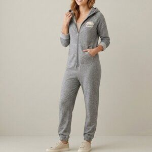 Roots Canada Cabin One Piece PJ Long Johns Pajamas w Hood Gray Size M Jumpsuit